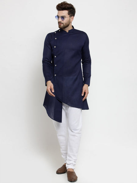 Designer Blue Linen Kurta With Chudidar Pajama For Men By Luxury at Less