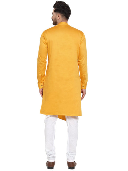 Designer Mustard Yellow Kurta With Churidar Pajama Set For Men By Luxury at Less