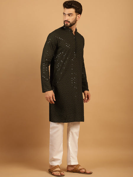 Embellished Sequinned Chikankari Embroidered Dark Mehndi Green Kurta Pajama Set by Luxury at Less