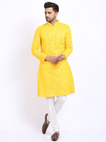 Yellow Georgette Mirror Work Embroidered Kurta with Churidar Pajama by Luxury at Less