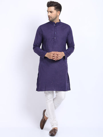 Printed Blue Cotton Kurta with Churidar Pajama by Luxury at Less