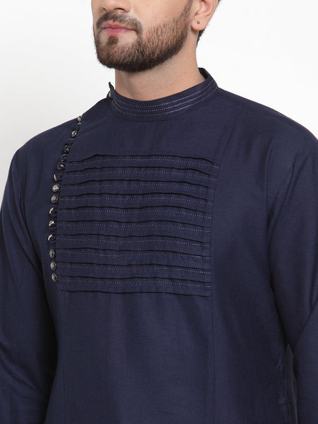 Designer Navy Blue Kurta With Churidar Pajama in Linen for Men by Luxury at Less