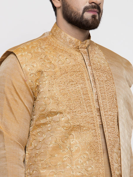 Men's Gold Embroidered Kurta Pajama Set With,Jacket, and Scarf by Luxury at Less