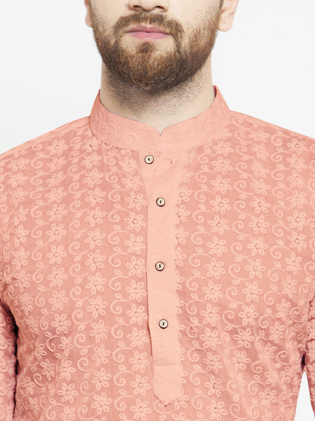 Salmon Pink Chikankari Lucknowi Jaal Embroidered Kurta with Churidar Pajama For Men by Luxury at Less