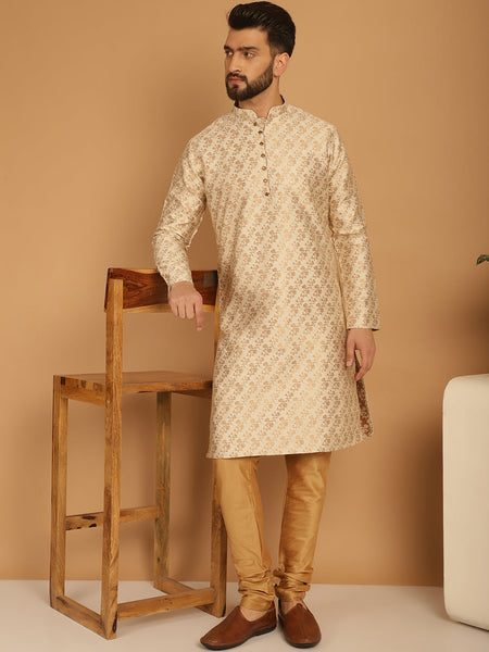 Designer Golden Brocade Kurta Pajama Set by Luxury at Less