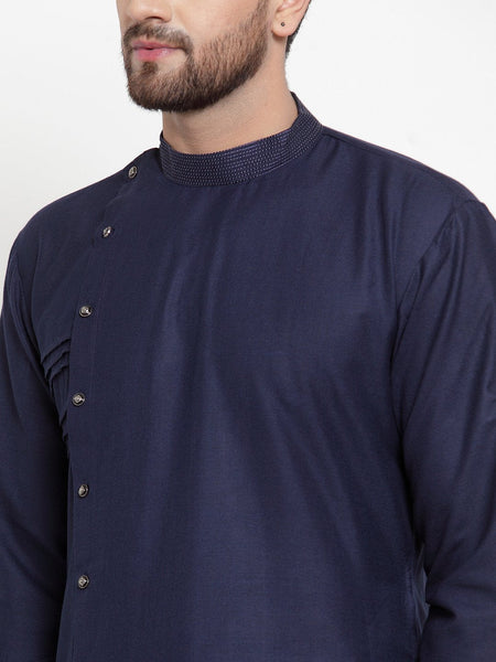 Designer Navy Blue Kurta With Churidar Set in Linen For Men by Luxury at Less