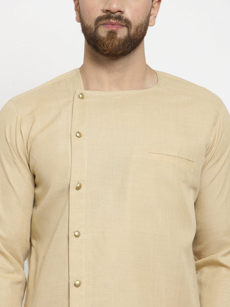 Beige Kurta With Black Aligarh Pajama Set  in Linen for men by Luxury at Less