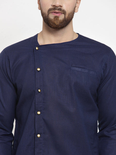 Navy Blue Kurta With Aligarh Pajama Set in Linen for men by Luxury at Less