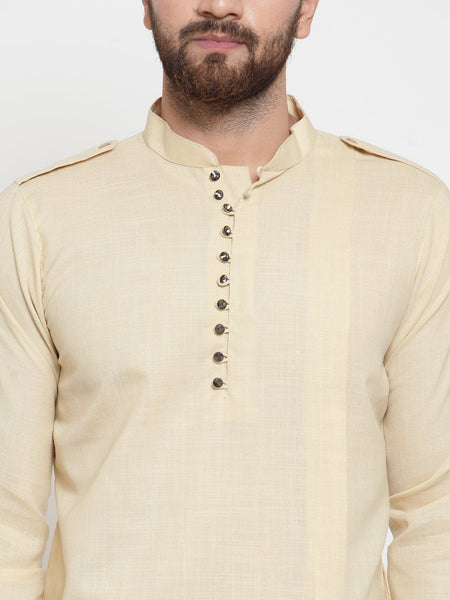 Beige Kurta With Churidar Pajama Set in Linen For Men by Luxury at Less