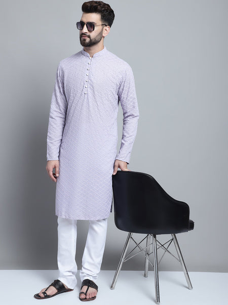 Lavender Chikankari Embroidery Cotton Kurta Pajama by Luxury at Less