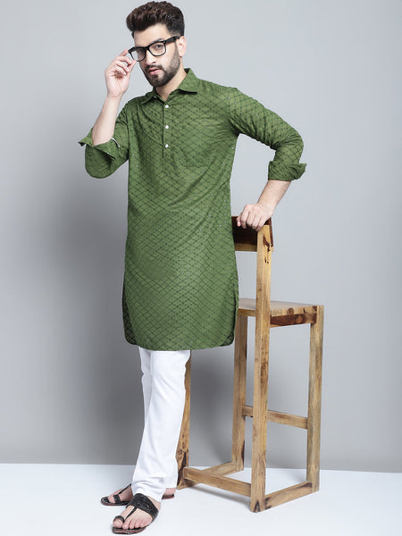 Embroidered Cotton Chikankari Green Pathani Kurta Pajama Set by Luxury at Less