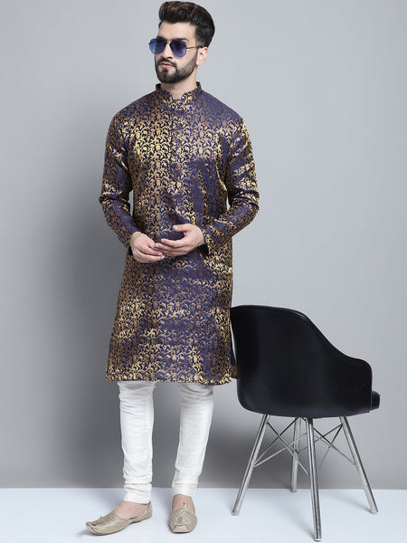 Designer Blue Brocade Kurta Pajama Set by Luxury at Less