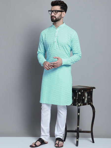 Sky Blue Chikankari Embroidery Cotton Kurta Pajama Set by Luxury at Less