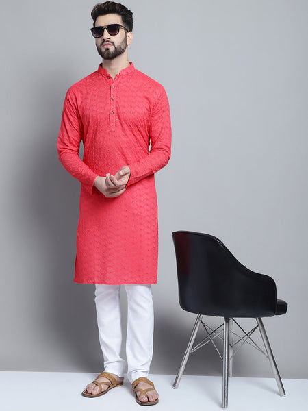 Carrot Red Chikankari Embroidery Cotton Kurta Pajama by Luxury at Less