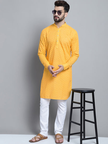 Yellow Chikankari Embroidery Cotton Kurta Pajama Set by Luxury at Less