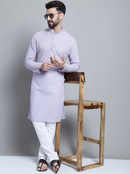 Lavender Chikankari Embroidery Cotton Kurta Pajama Set by Luxury at Less