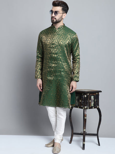 Golden Detailing Brocade Kurta Pajama Set by Luxury at Less