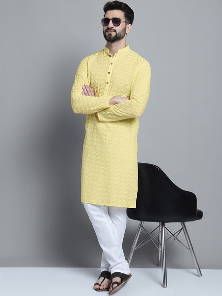 Cream Color Chikankari Embroidery Cotton Kurta Pajama by Luxury at Less