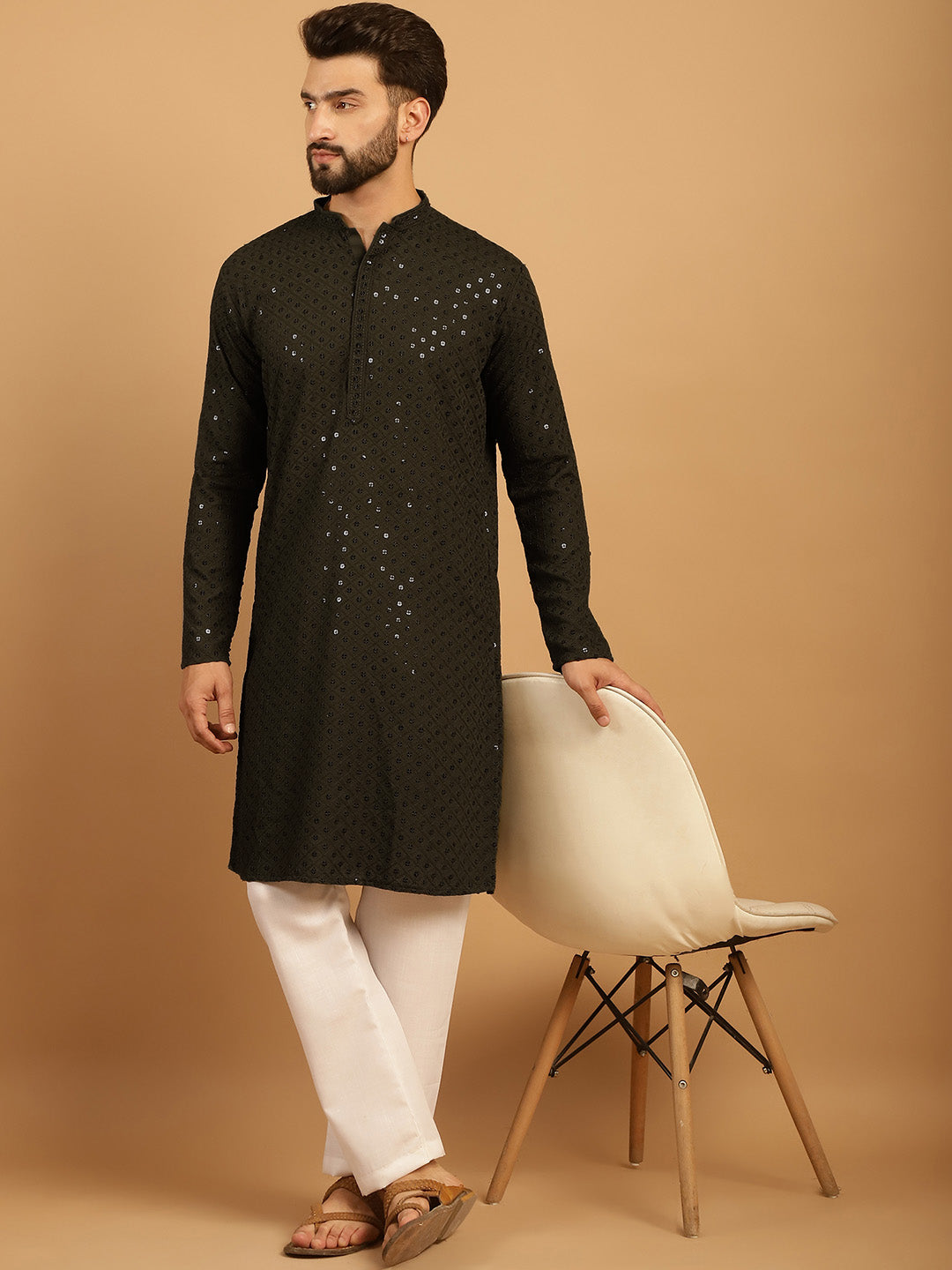 Embellished Sequinned Chikankari Embroidered Dark Mehndi Green Kurta Pajama Set by Luxury at Less