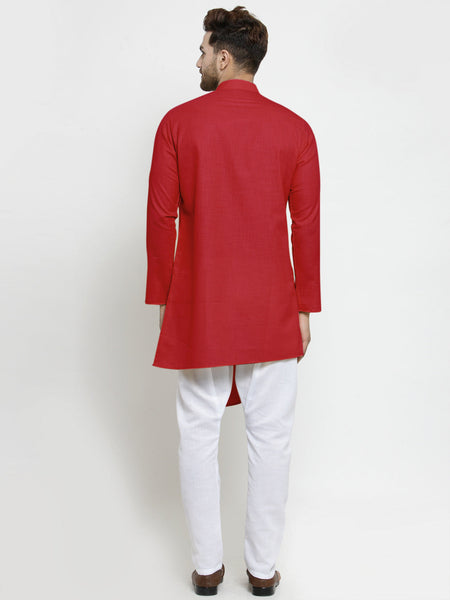 Designer Red Linen Kurta With White Aligarh Pajama For Men By Luxury at Less