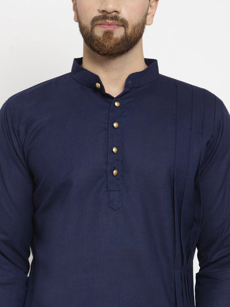 Navy Blue Kurta With Churidar Pajama Set in Linen For Men by Luxury at Less