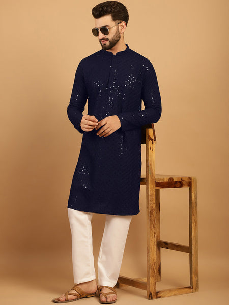 Embellished Sequinned Chikankari Embroidered Navy Blue Kurta Pajama Set by Luxury at Less