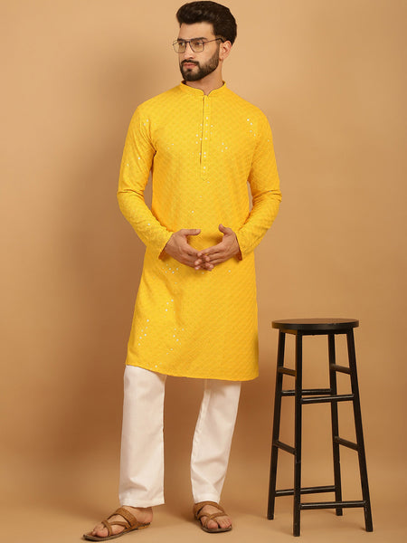 Embellished Sequinned Chikankari Embroidered Yellow Kurta Pajama Set by Luxury at Less