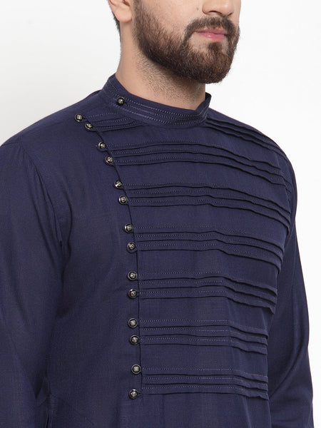 Designer Navy blue Kurta With Churidar Pajama Set in Linen for men by Luxury at Less