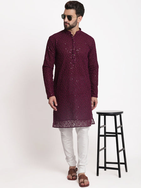 Wine Chikankari Floral Embroidery Kurta With Churidar Pajama by Luxury at Less