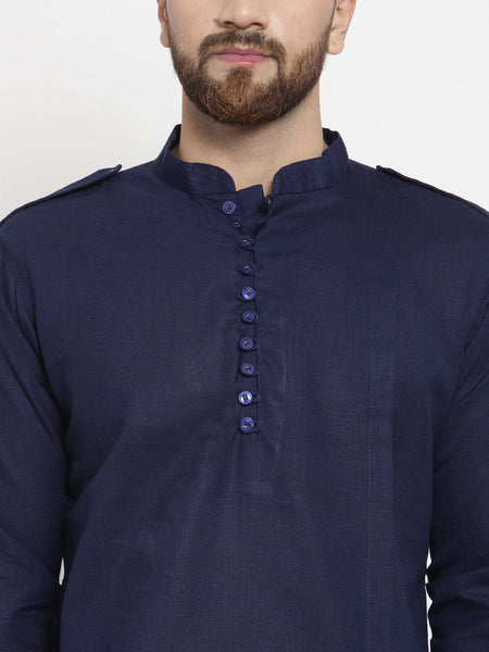 Navy Blue Kurta With Aligarh Pajama Set in Linen For Men by Luxury at Less