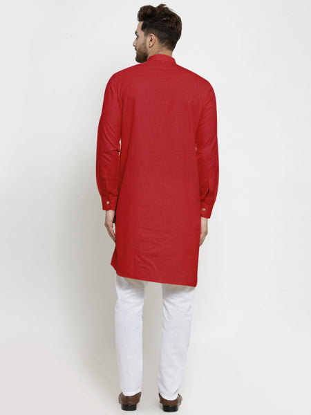 Designer Red Linen Kurta With White Aligarh Pajama For Men By Luxury at Less