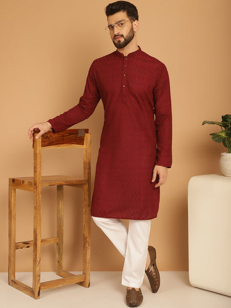 Designer Maroon Chikankari Embroidered Kurta Pajama Set by Luxury at Less