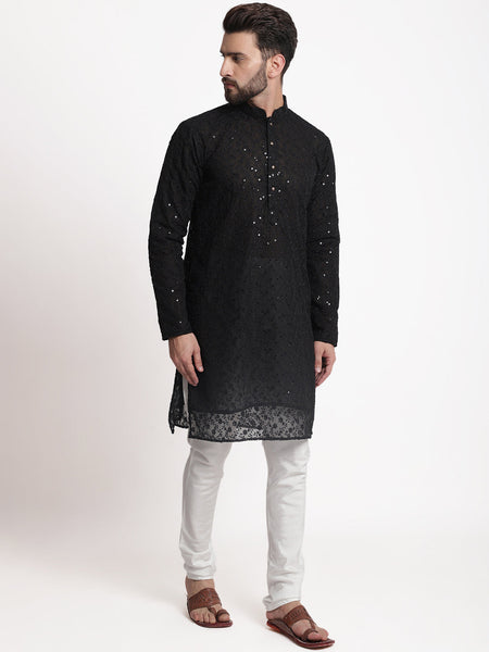 Black Chikankari Floral Embroidery Kurta With Churidar Pajama by Luxury at Less