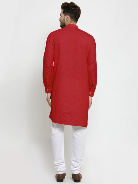 Designer Red Linen Kurta With White Churidar Pyjama For Men By Luxury at Less