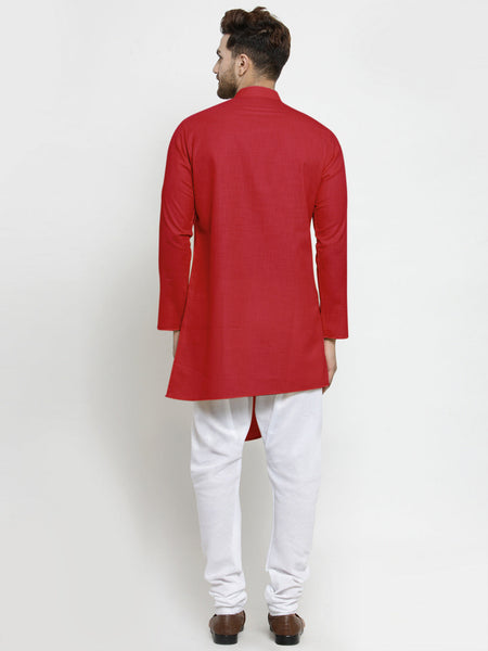 Designer Red Linen Kurta With White Churidar Pajama For Men By Luxury at Less