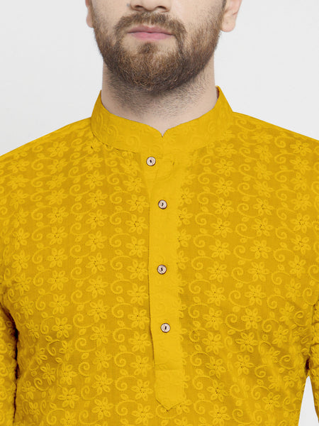 Mustard Yellow Chikankari Lucknowi Jaal Embroidered Kurta with Aligarh Pajama For Men  by Luxury at Less