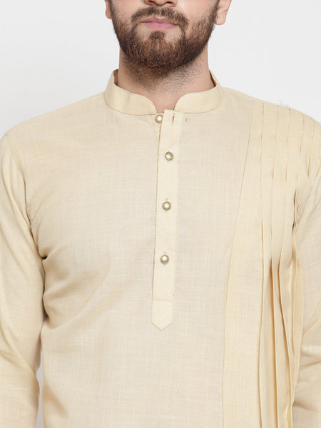 Beige Kurta With Churidar Pajama Set in Linen For Men by Luxury at Less