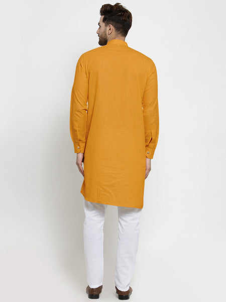 Designer Mustard Yellow Linen Kurta With White Aligarh Pyjama For Men By Luxury at Less