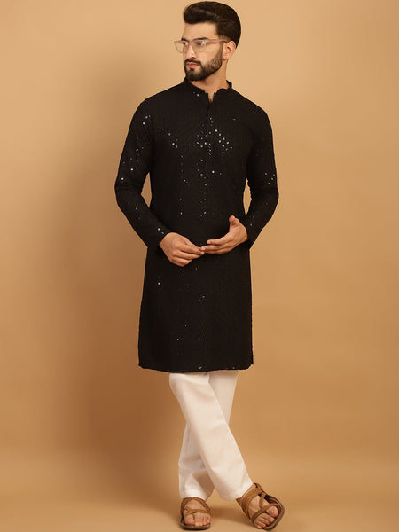 Embellished Sequinned Chikankari Embroidered Black Kurta Pajama Set by Luxury at Less