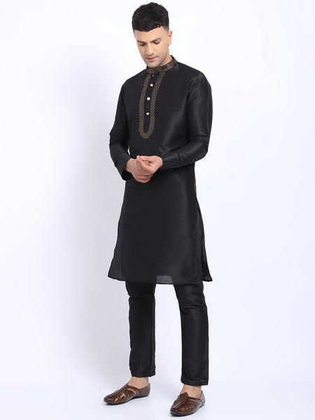 Embellished Black Brocade Kurta with Aligarh Pajama by Luxury at Less