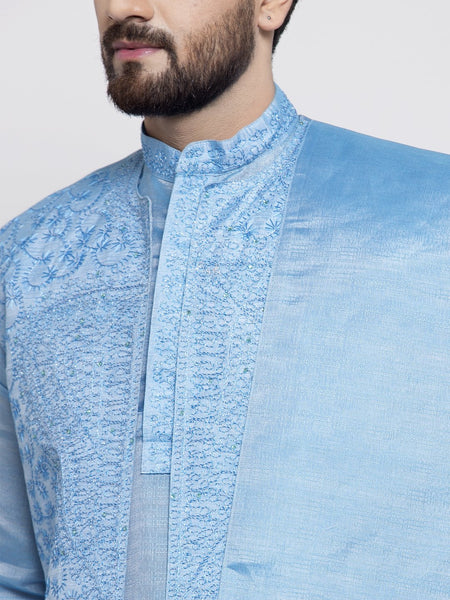 Men's Blue Embroidered Kurta Pajama, Set With Jacket, and Scarf  by Luxury at Less