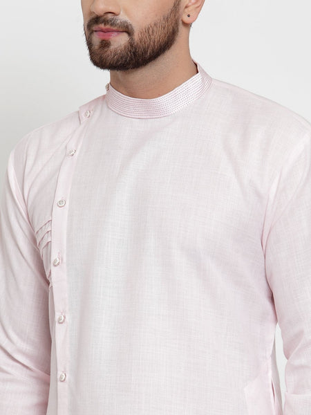 Designer Pink Kurta With Churidar Pajama Set in Linen For Men by Luxury at Less