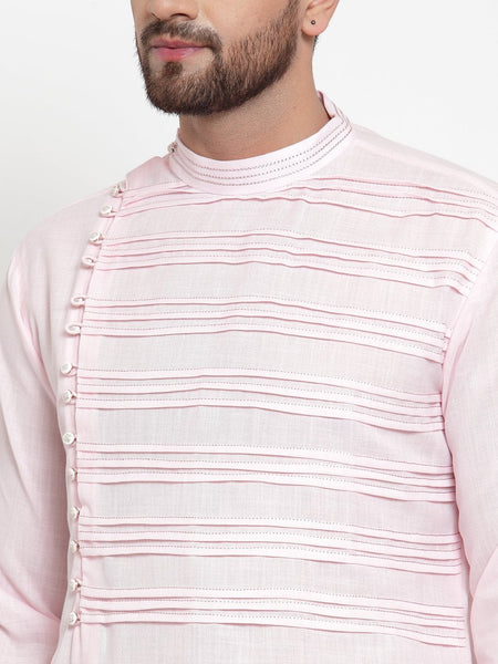 Designer Pink Kurta With Churidar Pajama in Linen For Men by Luxury at Less