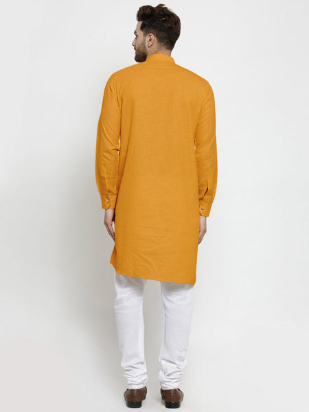 Designer Mustard Yellow Linen Kurta With White Churidar Pajama For Men By Luxury at Less