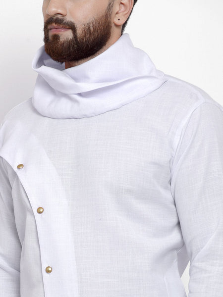 White Kurta With Churidar Pajama Set in Linen For Men by Luxury at Less