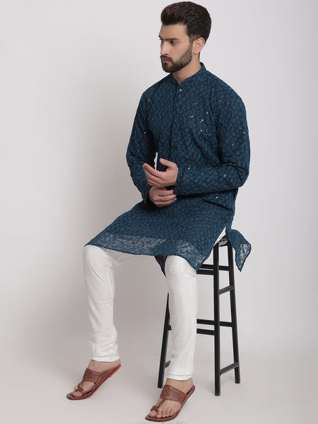 Blue Chikankari Floral Embroidery Kurta With Churidar Pajama by Luxury at Less