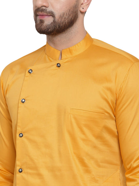 Designer Mustard Yellow Kurta With Churidar Pajama Set For Men By Luxury at Less