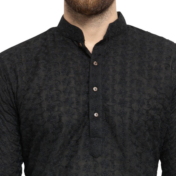 Black Cotton Chikankari Lucknowi Jaal Embroidered Kurta By Luxury at Less