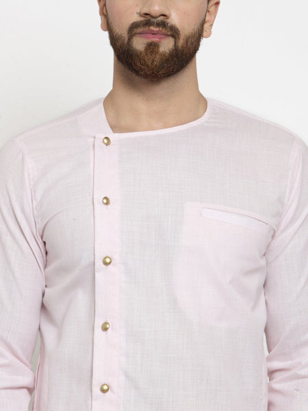 Pink Kurta With Churidar Pajama Set in Linen For Men by Luxury at Less