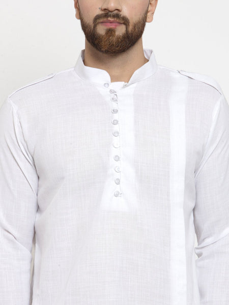 White Kurta with Churidar Pajama Set in Linen For Men by Luxury at Less